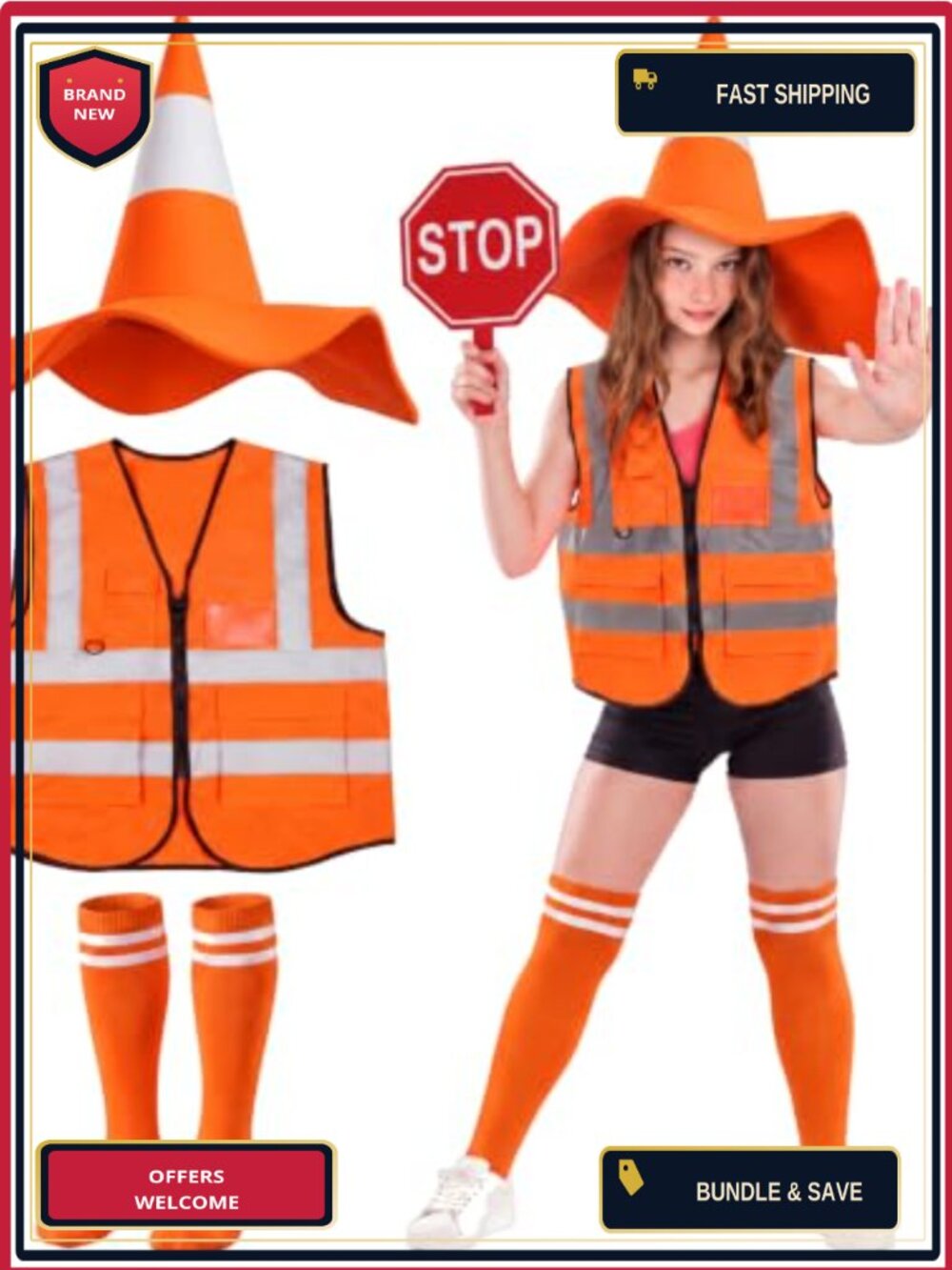 3 Pc Halloween Traffic Cone Construction Costume Accessory Set Polyester Unisex